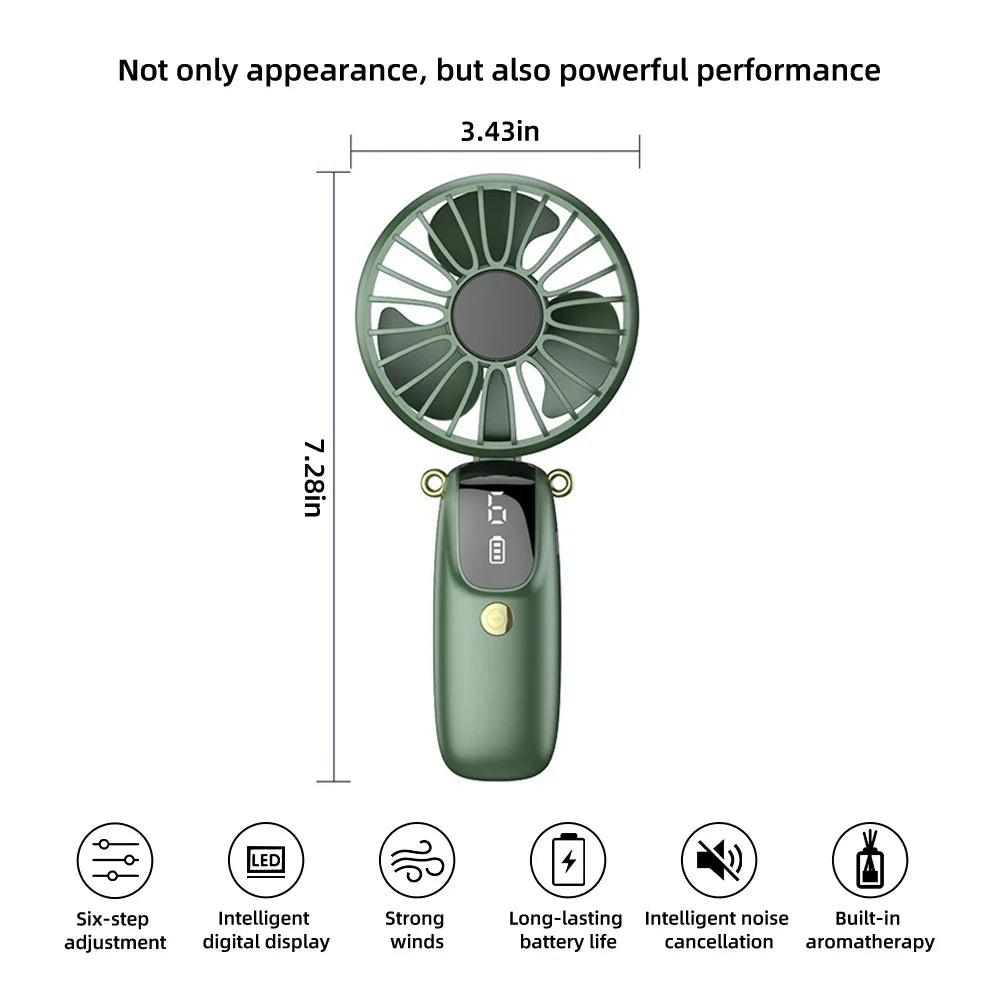 Portable Rechargeable USB Handheld Mini Fan with 6 Speed Settings, Foldable Design, Neck Hanging Capability, Phone Stand, and Display Screen