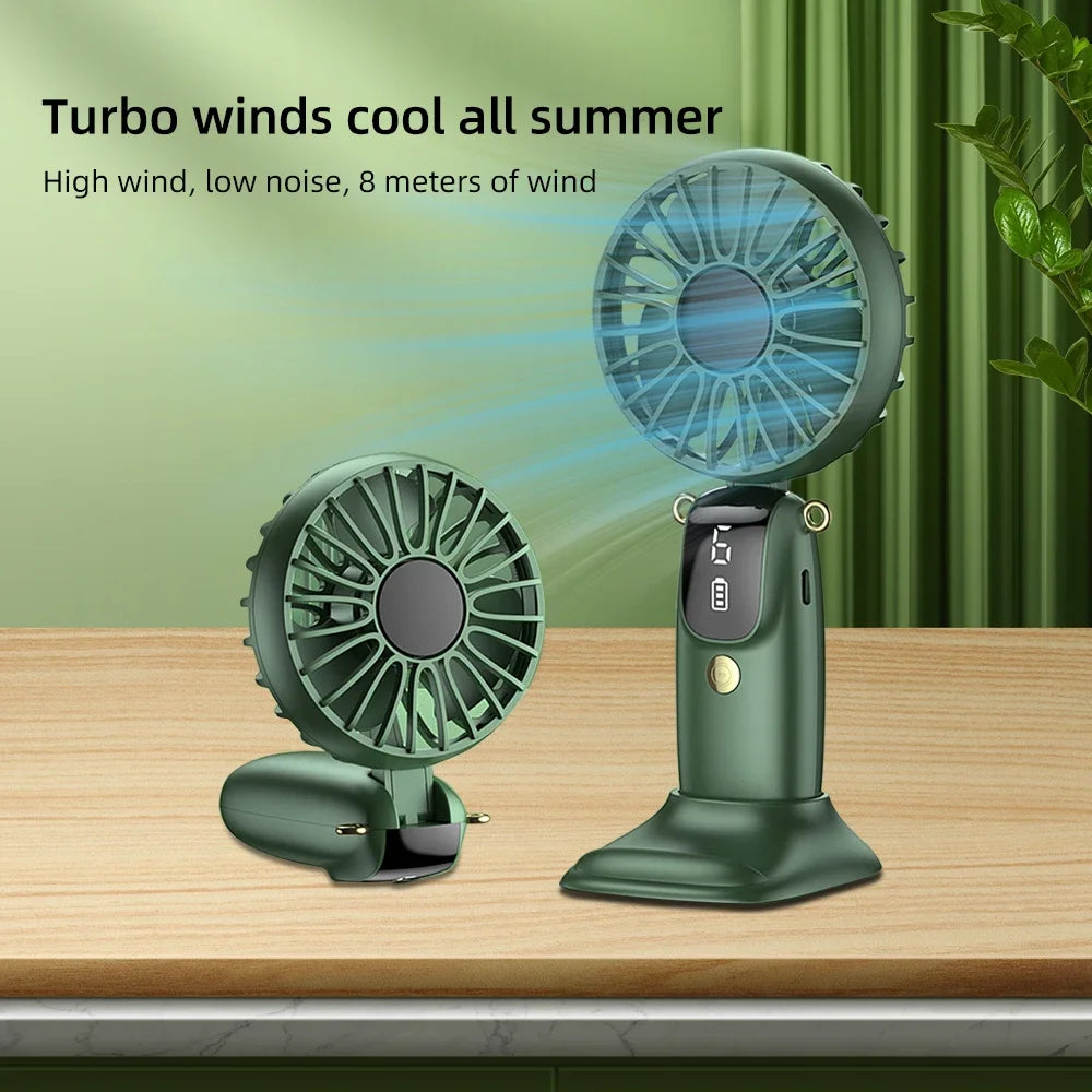 Portable Rechargeable USB Handheld Mini Fan with 6 Speed Settings, Foldable Design, Neck Hanging Capability, Phone Stand, and Display Screen