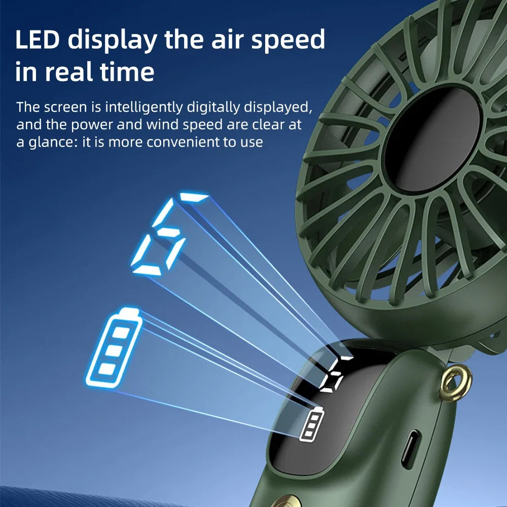 Portable Rechargeable USB Handheld Mini Fan with 6 Speed Settings, Foldable Design, Neck Hanging Capability, Phone Stand, and Display Screen